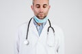 Close up view of doctor man wearing protective mask, gloves and stethoscope. Corona virus Covid-19 concept Royalty Free Stock Photo