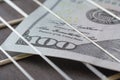 Close up view on a dollar between the strings of guitar Royalty Free Stock Photo