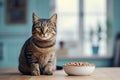 Domestic tabby cat next to a bowl of balanced cat food.