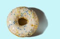 Close up view of donut sprinkled with multicolored glaze isolated on blue background. .