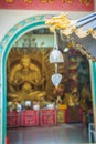 Close up view of dragon bell on the incense burn pot roof at guan yin Chinese temple. Royalty Free Stock Photo