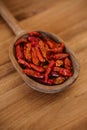 Close up view of dried chili on wooden spoon. Red cayenne pepper. Organic and natural spices. Royalty Free Stock Photo