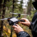Drone Pilot Operating a Professional Drone in a Forest Royalty Free Stock Photo