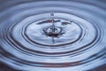 Close up view of drops making circles on blue water surface isolated on background Royalty Free Stock Photo