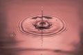 Close up view of Drops making circles on blue water surface isolated on red background Royalty Free Stock Photo