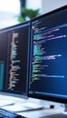Close up view of dual screens showcasing ai development and predictive analytics coding Royalty Free Stock Photo