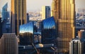 Close-up view of Dubai towers at sunset