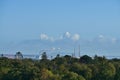 Close up view of Dublin Waste to Energy (Covanta Plant)  Poolbeg CCGT  Pigeon House Power Station and UCD Water Tower Royalty Free Stock Photo