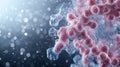 Close-up view of dynamic molecular structure with pink and blue elements, showcasing intricate details and sparkles in the