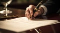 A close-up view of an elegant fountain pen signing a business contract on premium paper