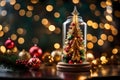 A close-up view of an elegantly crafted Christmas tree displayed inside a glass jar, set against a background of mesmerizing bokeh