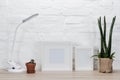 close up view of empty photo frames, plants in flowerpots and table lamp