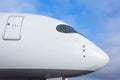 Close up view of empty pilot cabin of passenger jet airplane Royalty Free Stock Photo