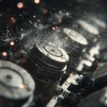 Close-Up View of an Engine Component with Sparks and Fluid Dynamics Representing Mechanical Performance and Engineering Precision Royalty Free Stock Photo