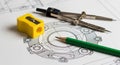 Engineering Drawing with Compass Pencil and Yellow Sharpener blueprint technical Royalty Free Stock Photo