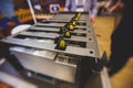 Close-up view of equipment for bitcoin cryptocurrency mining farm, electronic devices with fans, concept of mining technology Royalty Free Stock Photo