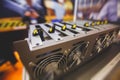 Close-up view of equipment for bitcoin cryptocurrency mining farm, electronic devices with fans, concept of mining technology Royalty Free Stock Photo