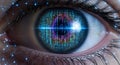 A close-up view of an eye with digital data and binary code refl Royalty Free Stock Photo