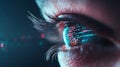 A close-up view of an eye reflecting complex digital data, with vibrant binary code visible against a dark background