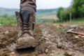 The close up view of farmer walking in the farm while wear dirty boots. AIG43.