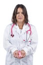 Female doctor holding pink breast cancer ribbon Royalty Free Stock Photo