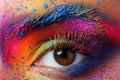 Close up view of female eye with bright multicolored fashion makeup