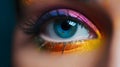 Close up view of female eye with bright multicolored fashion mask. Generative Ai