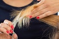 Close up view of female hairdresser hands cutting hair tips Royalty Free Stock Photo