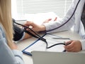 Close up view of female medicine doctor measuring blood pressure Royalty Free Stock Photo