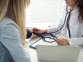 Close up view of female medicine doctor measuring blood pressure Royalty Free Stock Photo