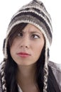 Close up view of female model wearing woolen cap Royalty Free Stock Photo
