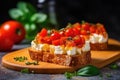 close-up view of feta cheese cube and cherry tomato on bruschetta slice