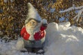 Close up view of figure of gnome standing in snow covered garden on frosty winter day.