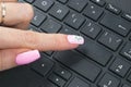 Close up view of a Finger Pushing on a empty Button of computer Keyboard. Finger Pressing a Slim Aluminium Keyboard Button.