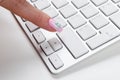 Close up view of a Finger Pushing on a empty Button of computer Keyboard. Finger Pressing a Slim Aluminium Keyboard Button.