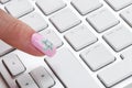 Close up view of a Finger Pushing on a empty Button of computer Keyboard. Finger Pressing a Slim Aluminum Keyboard Button. Modern Royalty Free Stock Photo