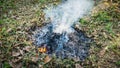 Close up view of fire burning the old dried old leaves in the garden Royalty Free Stock Photo