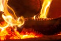 Close-up view of the firewood and coal burning in the flames Royalty Free Stock Photo