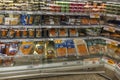 Close up view of fish food shelves of supermarket. Health and food concept.