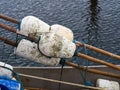 Close up view of fishing nets and floats Royalty Free Stock Photo