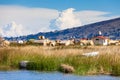 Close-up view of the floating islands of Uros on Lake Titicaca in Peru, South America. Abandoned boat in the reeds.