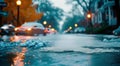 Close-up view of floodwater rushing through city streets, posing a risk to public safety, highlighting the urgency of