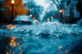 Close-up view of floodwater rushing through city streets, posing a risk to public safety, highlighting the urgency of