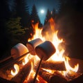 Close-up view of fluffy marshmallows being toasted over the bright crackling flames of a campfire