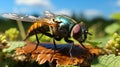 A close up view of a fly landing on a leaf. Selective focus on the red eye of the fly. Generative AI Royalty Free Stock Photo