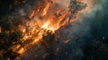 Close-up view of a forest wildfire with intense flames and thick smoke Royalty Free Stock Photo