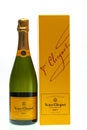Close up view of French champagne Veuve Clicquot with box isolated on white background.