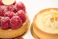 Close-up view of French desserts - a lemon and raspberry meringue cake and tartlet on a white plate.