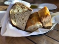 Close up view of fresh baked sourdough bread in basket