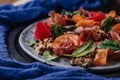 close-up view of fresh gourmet salad with mussels, root vegetables and jamon Royalty Free Stock Photo